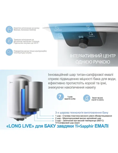 Водонагрівач Midea D50-15EFG (W), циліндричний, мокрий тен, WI FI - 3