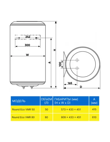 Бойлер с мокрым ТЭНом Atlantic Round Eco VMR 50 1.2кВт 50 л - 2