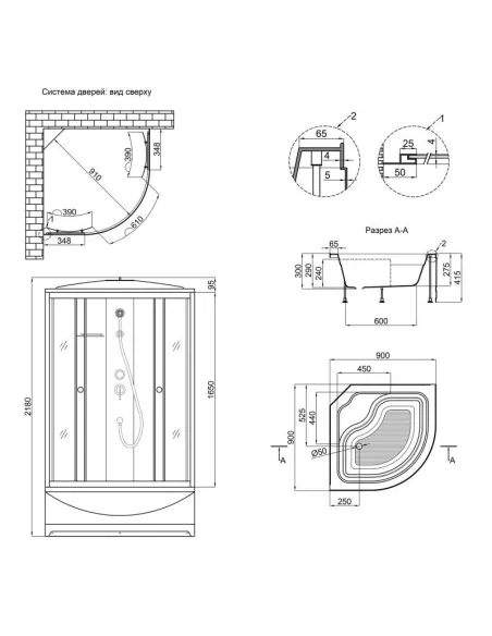 Гідробокс з високим піддоном Lidz Tani SB90x90.SAT.HIGH.GR, напівкруглий - 2