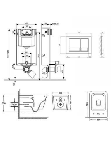 Инсталляция с унитазом и кнопкой Q-Tap Nest QT05335170W0133M425M06028CRM 3 в 1, 3/8 л - 2