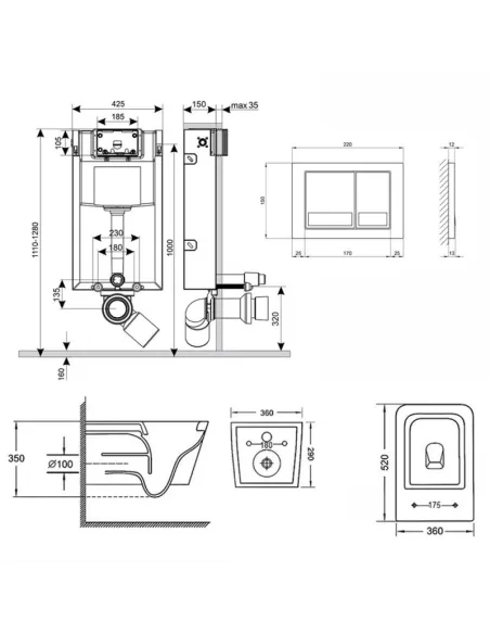 Инсталляция с унитазом и кнопкой Q-Tap Nest QT05335170W0133M425M06029SAT 3 в 1, 3/8 л - 2
