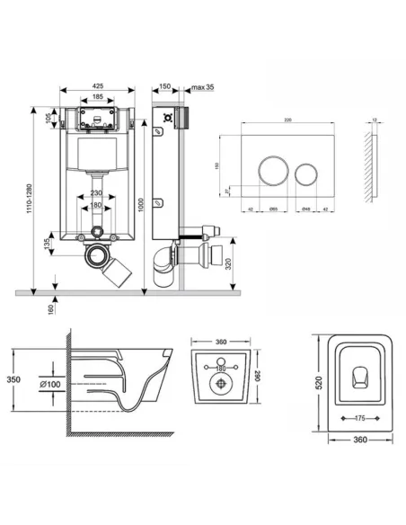 Инсталляция с унитазом и кнопкой Q-Tap Nest QT05335170W0133M425M11111SAT 3 в 1, 3/8 л - 2
