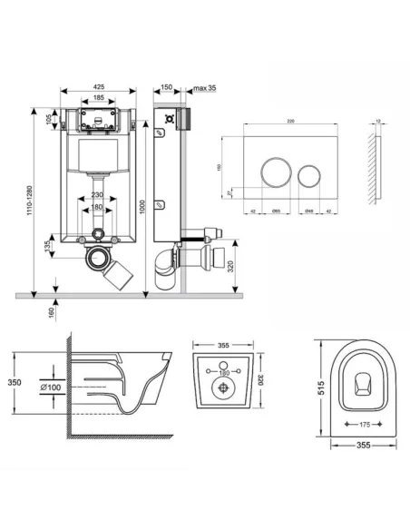 Инсталляция с унитазом и кнопкой Q-Tap Nest QT16335178W0133M425M11111SAT 3 в 1, 3/8 л - 2