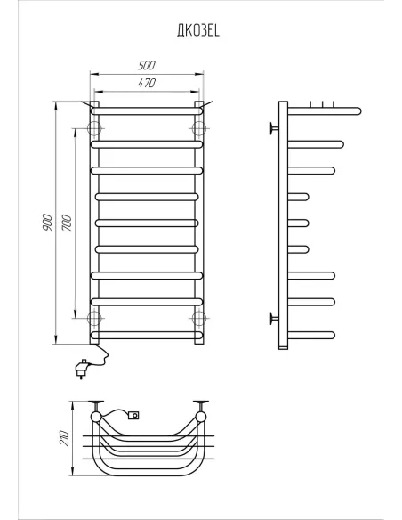 Полотенцесушитель электрический Kosser Канна 900х500/9 ЕL, черный, нержавеющая сталь - 4