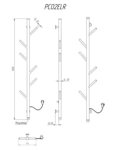 Полотенцесушитель электрический Kosser Стойка 1200х30 ЕLR, черный, с регулятором - 5
