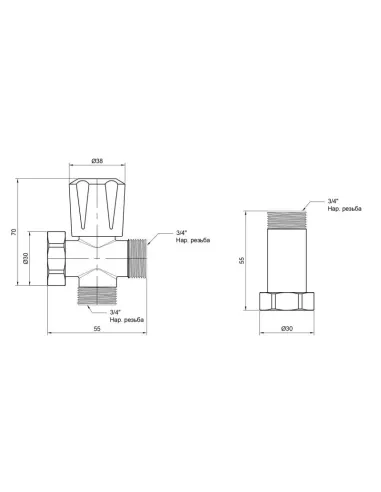 Приладовий кран кульовий SD Plus ННВ SD183W20, потрійний, з подовжувачем 3/4 х 3/4 х 3/4 дюйма - 2