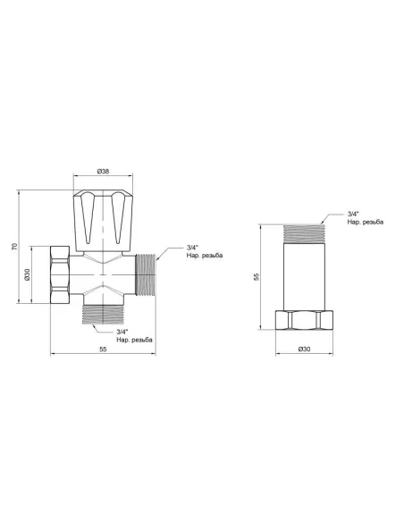 Приладовий кран кульовий SD Plus ННВ SD183W20, потрійний, з подовжувачем 3/4 х 3/4 х 3/4 дюйма - 2