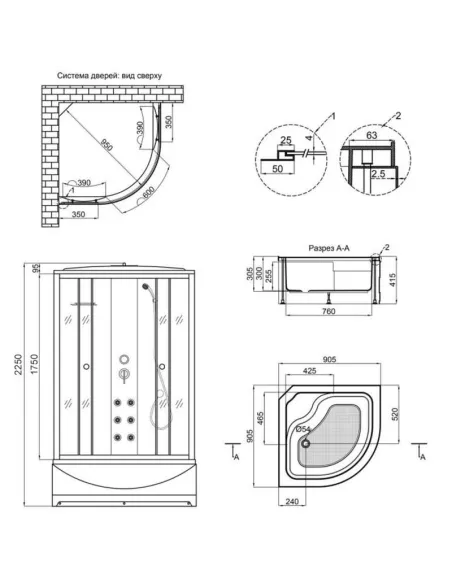 Гідробокс з високим піддоном Lidz Tani SBM90x90.SAT.HIGH.GR, напівкруглий - 2