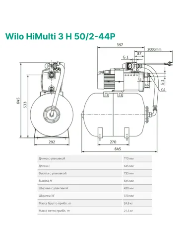 Насосная станция Wilo HiMulti 3 H 50/2-44P 0.6 кВт, бак 50 литров - 2
