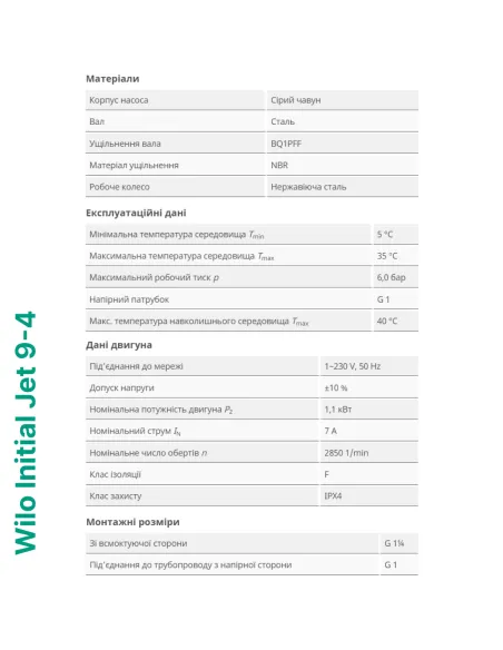 Відцентровий поверхневий насос Wilo Initial Jet 9-4 1.1 кВт - 5