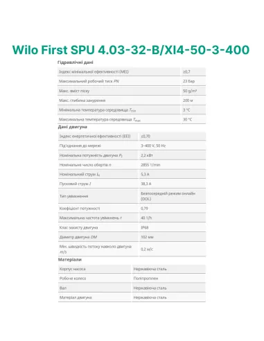 Центробежный глубинный насос Wilo First SPU 4.03-32-B/XI4-50-3-400, 2.2 кВт, кабель 2 метра - 3