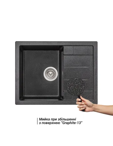 Мойка для кухни каменная Lidz GRF-13 черная, 650x450х200 мм - 3