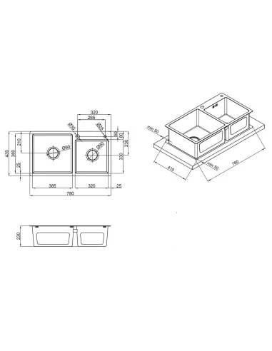 Мойка для кухни прямоугольная Lidz Handmade H7843 Brushed Black PVD 3,0/1,0 мм из нержавеющей стали, с двумя чашами