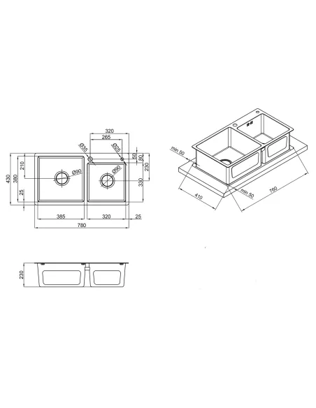 Мойка для кухни прямоугольная Lidz Handmade H7843 Brushed Black PVD 3,0/1,0 мм из нержавеющей стали, с двумя чашами