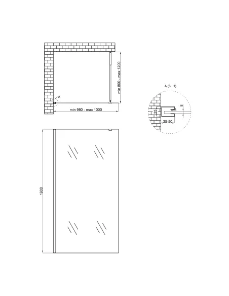 Душова перегородка Q-Tap Walk-In Standard BLM201.C8, 100x190 см