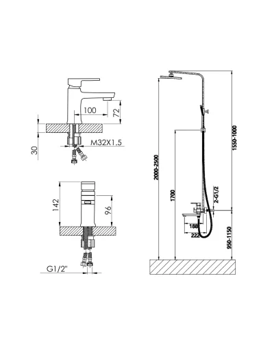 Набір для ванн Lidz Wawel 001 змішувач для раковини і Wawel 1030 душова система універсальна White