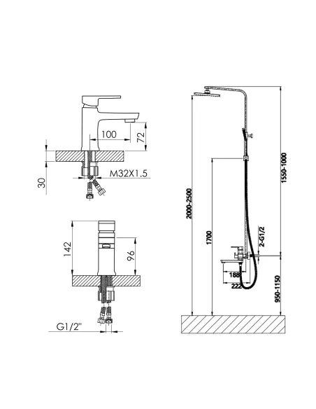 Набір для ванн Lidz Wawel 001 змішувач для раковини і Wawel 1030 душова система універсальна White