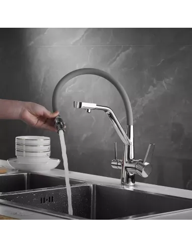 Смеситель для кухни Wezer INX4A-08 с подключением к очистке воды, серый гофроизлив