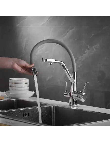 Смеситель для кухни Wezer INX4A-08 с подключением к очистке воды, серый гофроизлив