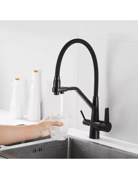 Змішувач для кухні Wezer INX4A-08-BLACK з підключенням до очищення води, чорний гофровилив