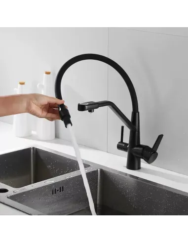 Змішувач для кухні Wezer INX4A-08-BLACK з підключенням до очищення води, чорний гофровилив