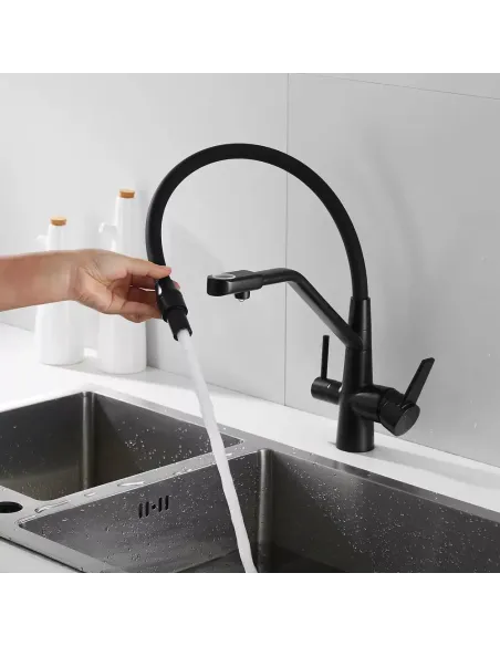 Змішувач для кухні Wezer INX4A-08-BLACK з підключенням до очищення води, чорний гофровилив