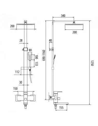 Душевая система с изливом Wezer PRO16-02-BLACK, нержавеющая сталь