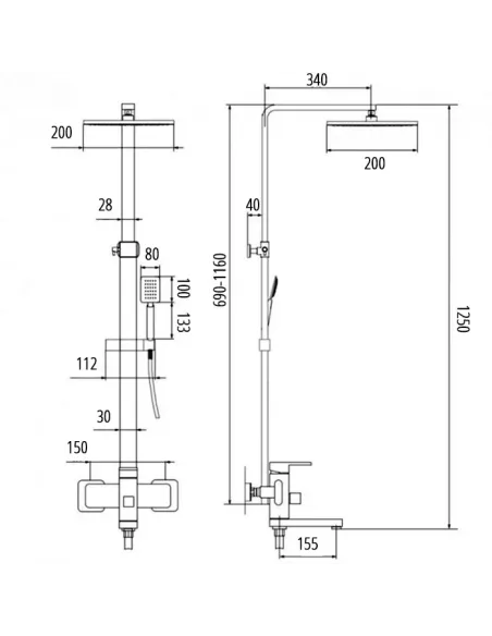 Душевая система с изливом Wezer PRO16-02-BLACK, нержавеющая сталь