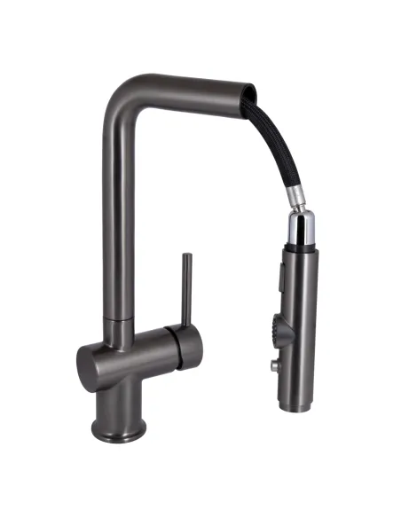 Змішувач для кухні з висувним виливом Q-tap Rozcesti QTQTROZ367GMB45942 Gunmetal Black PVD з підключенням для питної води