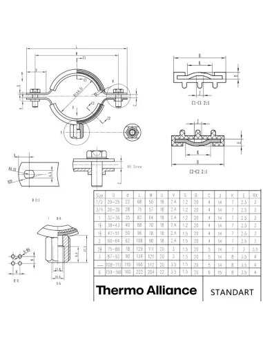 Хомут для трубы 38 - 43 мм Thermo Alliance Standart SD10032B в сборе с гайкой и дюбелем