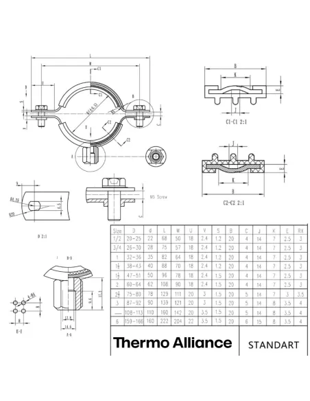 Хомут для трубы 47 - 51 мм Thermo Alliance Standart SD10040B в сборе с гайкой и дюбелем