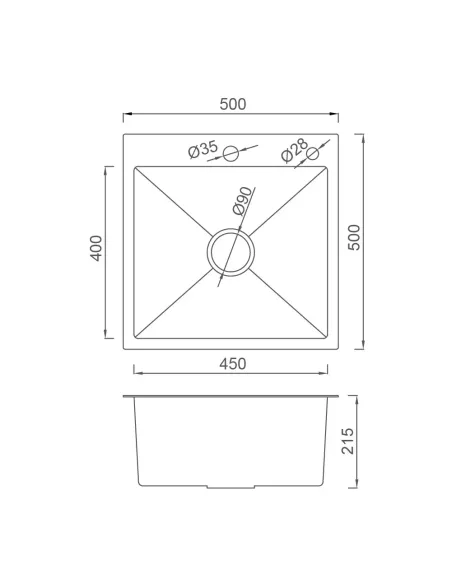 Мойка кухонная квадратная Gappo GS5050 из нержавеющей стали, 500 x 500 x 215 мм