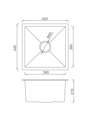 Миття кухонне квадратне Gappo GS4444 з нержавіючої сталі, 440 x 440 x 215 мм