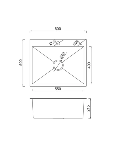 Мойка для кухни прямоугольная Gappo GS6050-6 из нержавеющей стали, 600 x 500 x 215 мм, покрытие Pvd