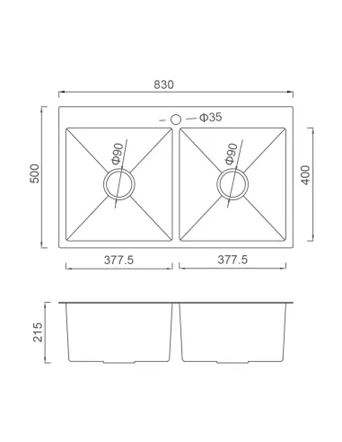 Мойка для кухни прямоугольная Gappo GS8350-6 3,0/0,8 мм из нержавеющей стали, с двумя чашами, покрытие Pvd