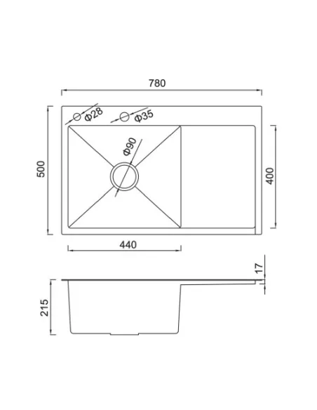 Мойка для кухни прямоугольная Gappo GS7850-6R из нержавеющей стали, 780 x 500 x 215 мм, покрытие Pvd, чаша справа