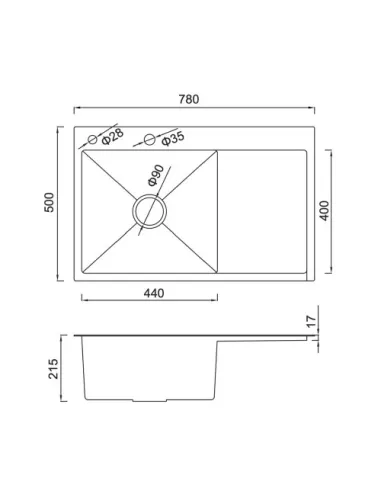 Мойка для кухни прямоугольная Gappo GS7850-6L из нержавеющей стали, 780 x 500 x 215 мм, покрытие Pvd, чаша слева