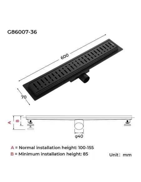 Душовий трап Gappo G86007-36, 70 х 600 мм, нержавіюча сталь, чорний