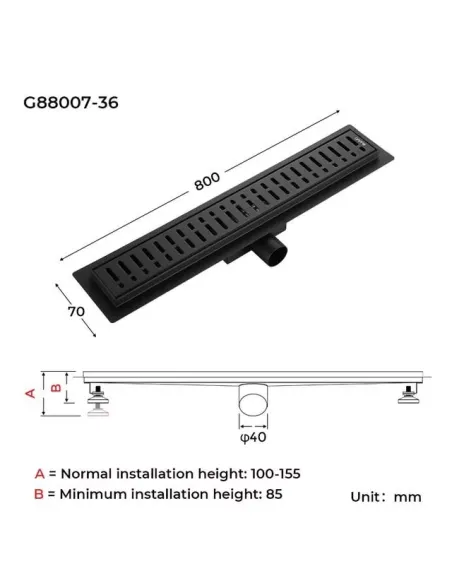 Душевой трап Gappo G88007-36, 70 х 800 мм, нержавеющая сталь, черный