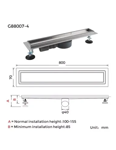 Душевой лоток Gappo G88007-4, 70 х 800 мм, нержавеющая сталь, под плитку