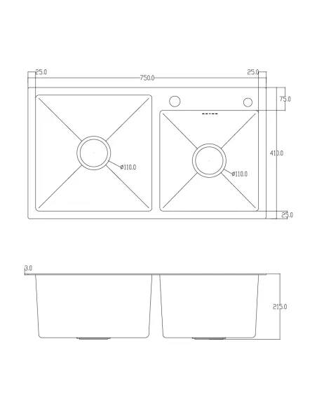Мийка прямокутна для кухні ITAL ID 7541 3,0/0,8 мм з нержавіючої сталі, з двома чашами