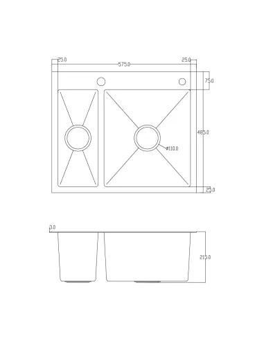 Мийка прямокутна для кухні ITAL ID 575 485 3,0/0,8 мм з нержавіючої сталі, з двома чашами