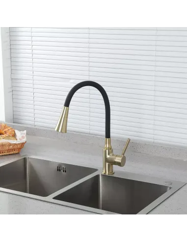 Змішувач для кухні Frap F4044-3 з гнучким виливом, 2 режими, чорний золото.