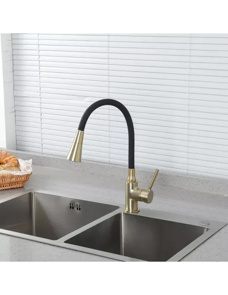 Змішувач для кухні Frap F4044-3 з гнучким виливом, 2 режими, чорний золото.