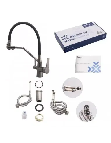 Змішувач для кухні Frap F4374-15 із підключенням до фільтру, із гнучким виливом, чорний сірий