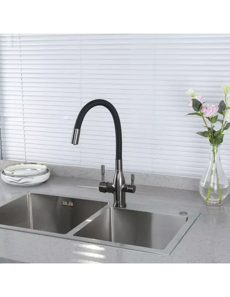 Змішувач для кухні Frap F4396-15 з підключенням до фільтра, з гнучким виливом, збройова сталь сірий