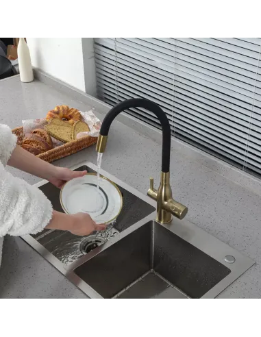 Змішувач для кухні Frap F4396-3 із підключенням до фільтру, із гнучким виливом, чорний золото.