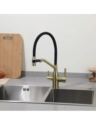 Смеситель для кухни Frap F4397-3 с подключением к фильтру, с гибким изливом, черный золото