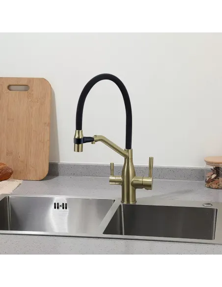Змішувач для кухні Frap F4397-3 із підключенням до фільтру, із гнучким виливом, чорний золото.