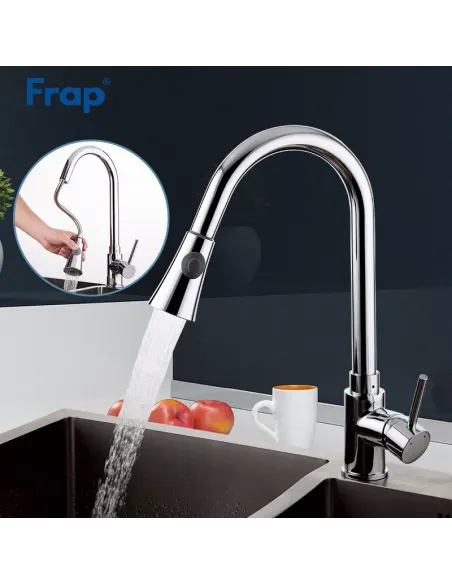 Змішувач для кухні Frap F6052 з висувним виливом, 2 режими, хром